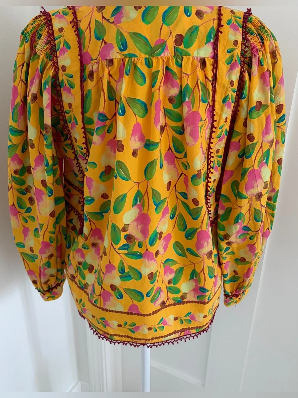 Farm Rio Yellow Pear Print Blouse Top Size S Long Sleeve Boho Smocked Cotton*#19